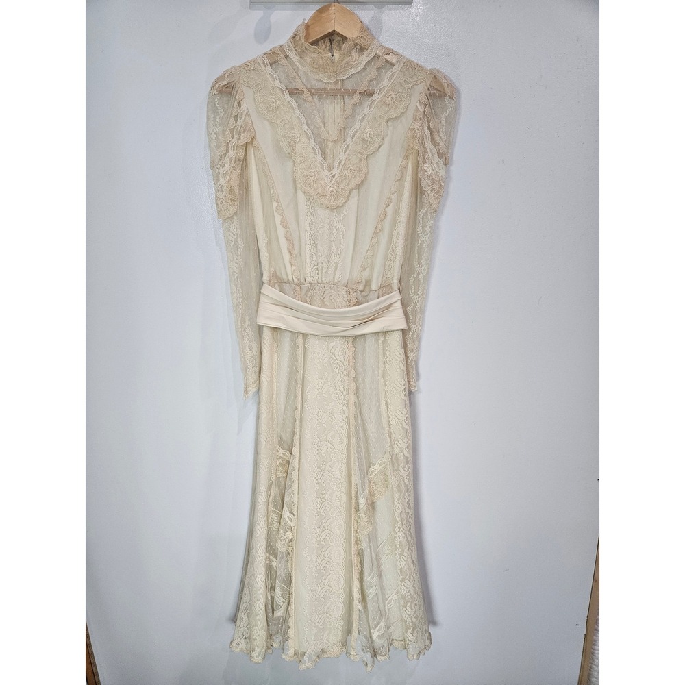 Vintage Gunne Sax Victorian Lace Wedding Dress Cream High Neck Long Sleeve Maxi